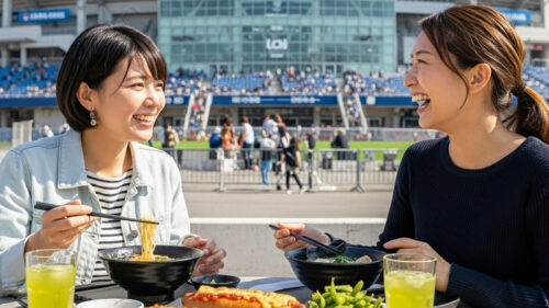 エスコンで食事を楽しむ女性