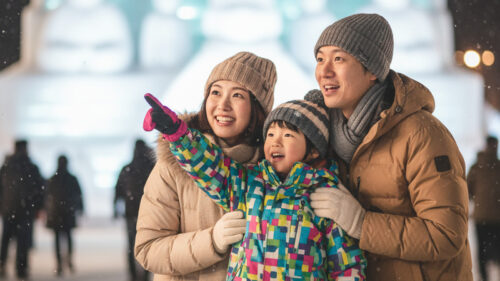 雪まつりを楽しむ家族