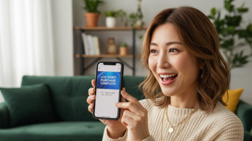 スマホでチケットをとる女性