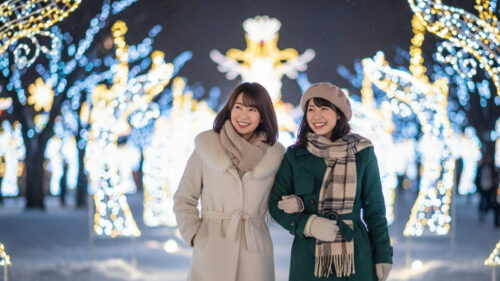 イルミネーションを楽しむ女性
