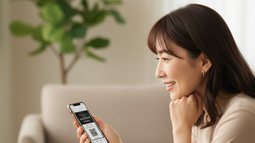 スマホでチケットを購入する女性