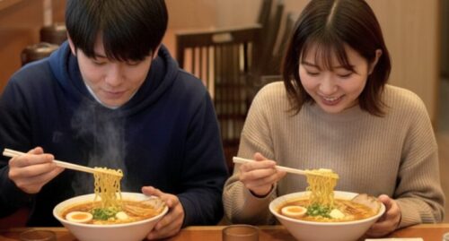 ラーメンを食べるカップル