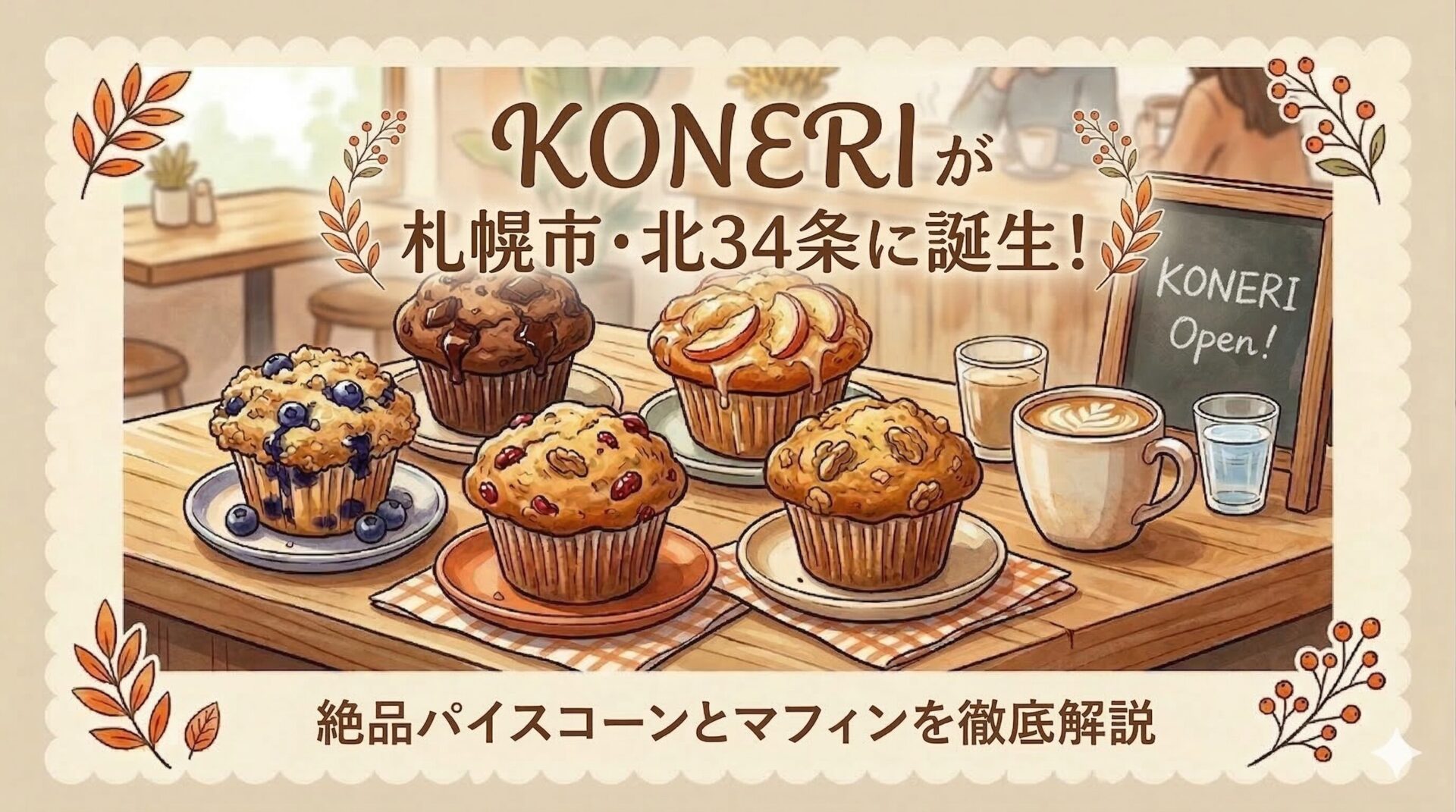 KONERIが札幌市・北34条に誕生！絶品パイスコーンとマフィンを徹底解説のアイキャッチ画像